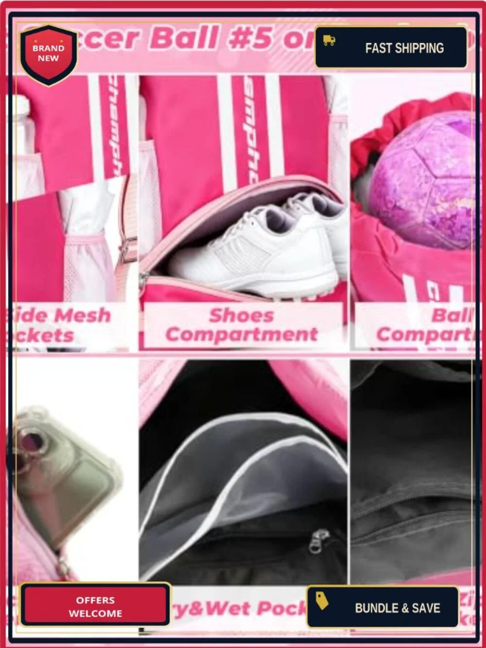 Nylon Drawstring Backpack with Shoe Compartment, Wet/Dry Pocket, 5 Pockets, for